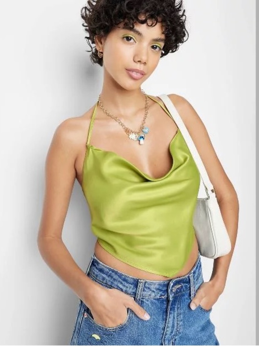 Wild Fable Lime Green Satin Halter Handkerchief Crop Top